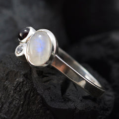 Ying sterling silver multicolor trilogy gemstone ring with oval moonstone center and garnet and white topaz