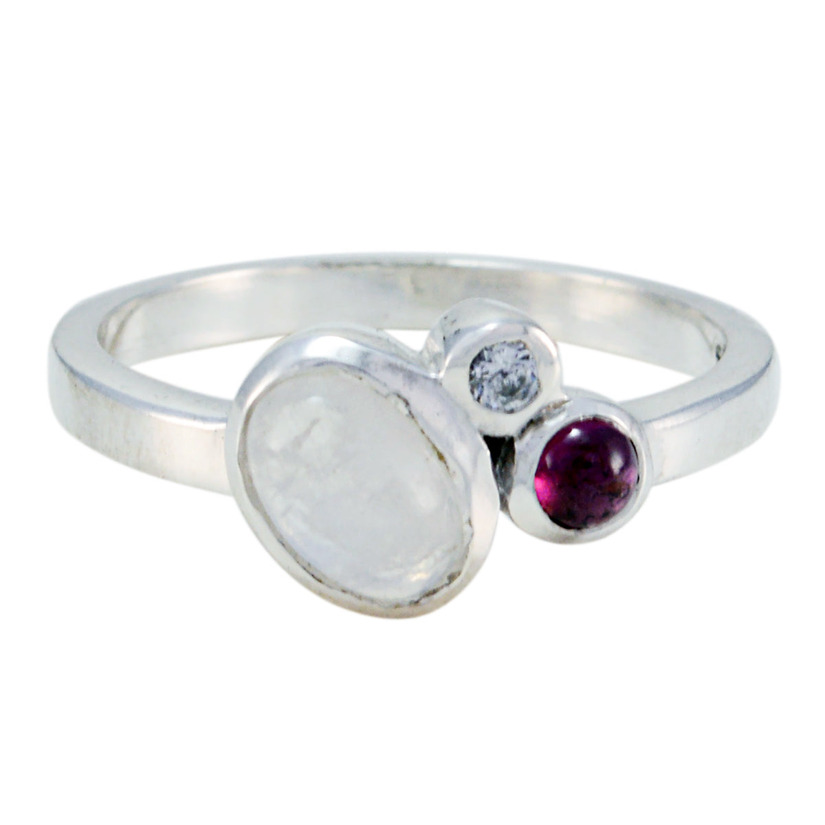 Ying sterling silver ring with iridescent white cabochon clear accent and red gem multicolor trilogy gemstone ring