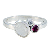 Ying sterling silver ring with iridescent white cabochon clear accent and red gem multicolor trilogy gemstone ring
