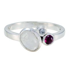Ying sterling silver ring with iridescent white cabochon clear accent and red gem multicolor trilogy gemstone ring