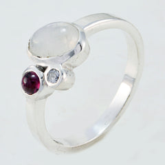 Ying sterling silver multicolor trilogy gemstone ring with moonstone center and garnet and clear stones