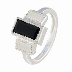 Claire silver ring with rectangular black center and two white side stones multicolor trilogy ring for women