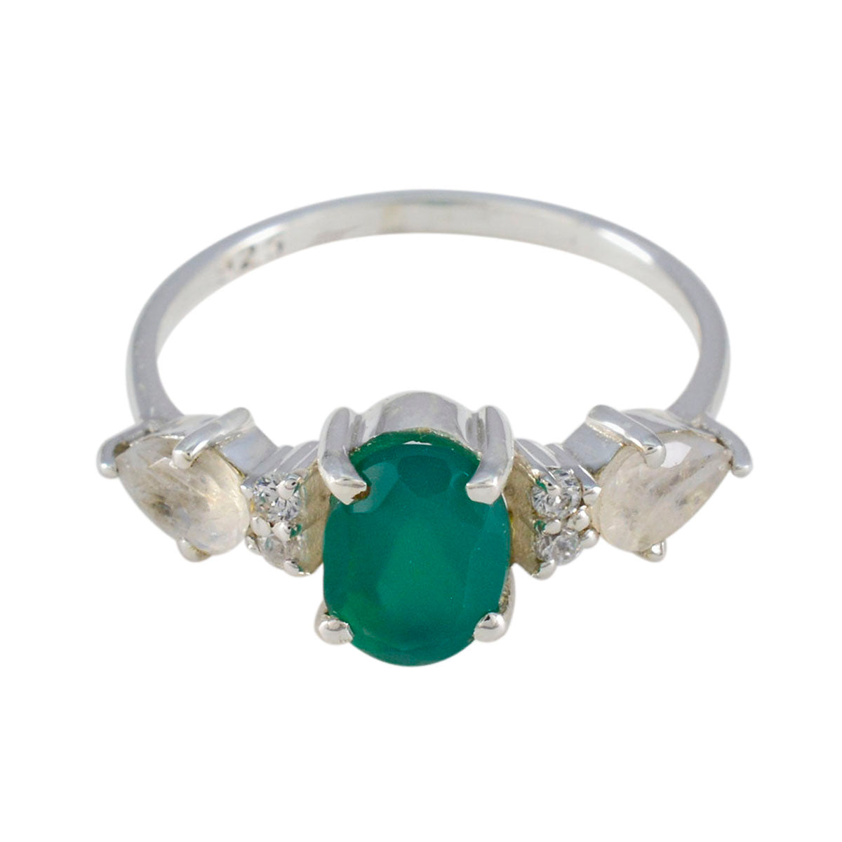 Laura multicolor trilogy ring for women featuring an oval green center stone with side clear gemstones