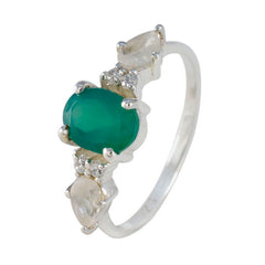 Laura multicolor trilogy ring for women featuring green and clear gemstones in silver band