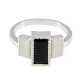Claire silver band multicolor trilogy ring for women with rectangular black center stone and two white side stones
