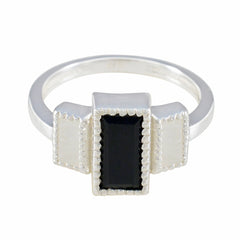 Claire silver band multicolor trilogy ring for women with rectangular black center stone and two white side stones