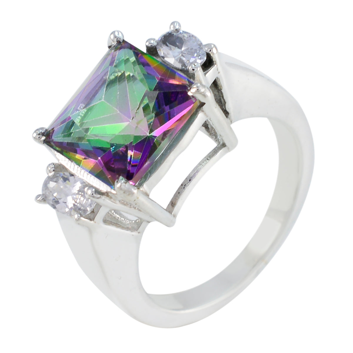 Laura multicolor trilogy ring with a large square multicolor center stone and two round clear side stones