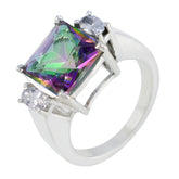 Laura multicolor trilogy ring with a large square multicolor center stone and two round clear side stones