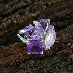 Saanvi silver ring with multiple amethyst stones on split band purple cocktail ring for women on rustic bark