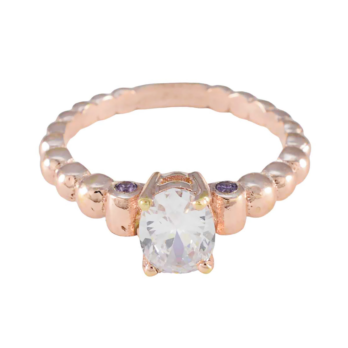 Min seo rose gold beaded band with clear oval center stone and small purple accents purple gemstone fashion ring for everyday wear