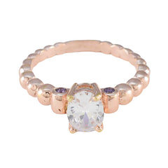 Min seo rose gold beaded band with clear oval center stone and small purple accents purple gemstone fashion ring for everyday wear