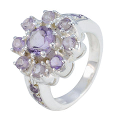 Bianca sterling silver purple gemstone ring with round center stone and halo cluster floral design