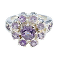 Bianca sterling silver purple gemstone ring with central round amethyst surrounded by smaller stones
