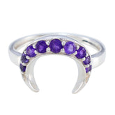 Lakshmi silver purple gemstone statement ring featuring crescent design with round purple stones