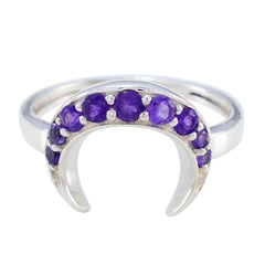 Lakshmi silver purple gemstone statement ring featuring crescent design with round purple stones