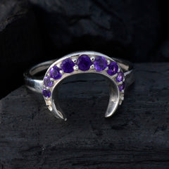 Lakshmi silver crescent ring adorned with purple gemstone statement ring design