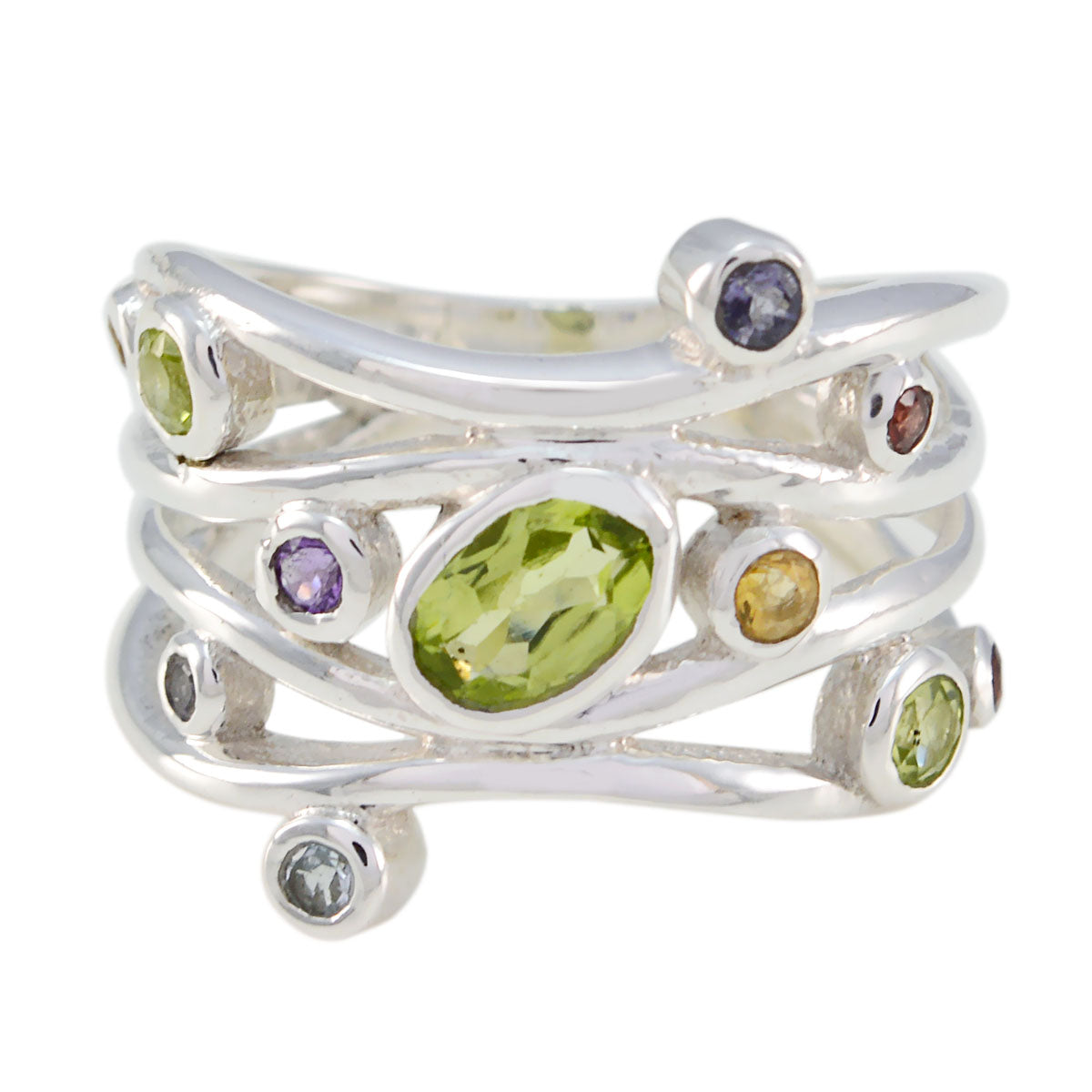 Natcha sterling silver multi band ring with central oval peridot and mixed accent gems purple gemstone statement ring