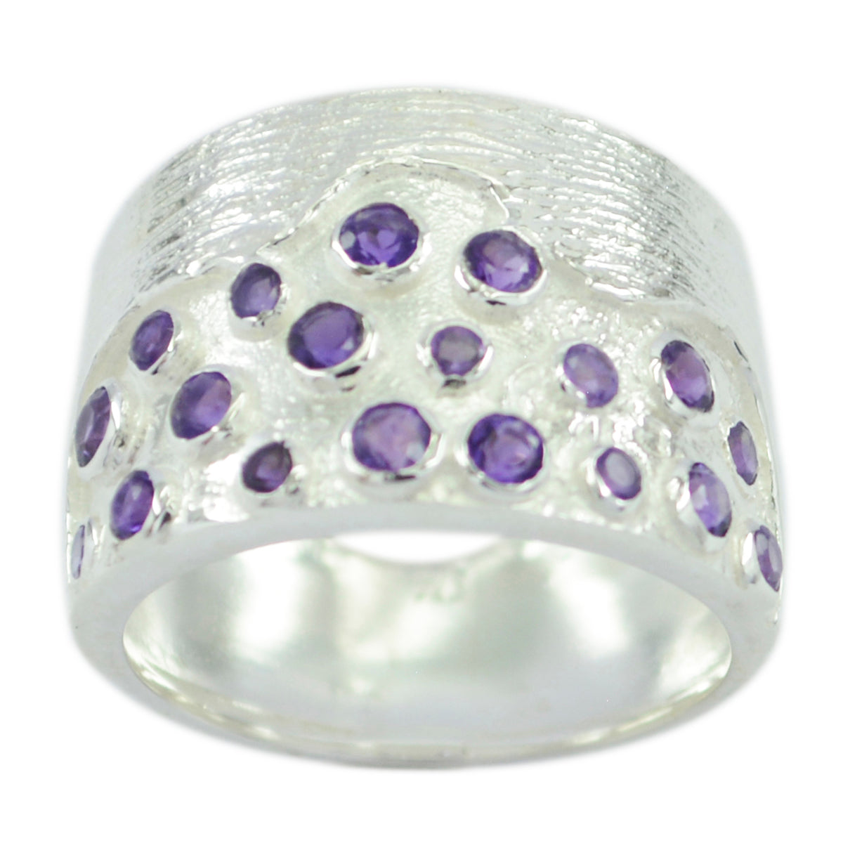 Milagros silver ring featuring multiple purple gemstones in a modern design purple gemstone statement ring