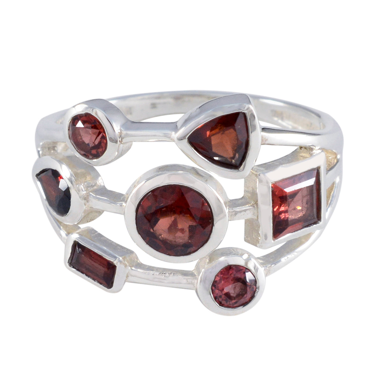 Bianca sterling silver multirow ring with mixed shaped garnets red gemstone statement ring for evening wear