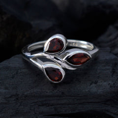 Putri elegant silver red gemstone trilogy ring with three pear-shaped red stones