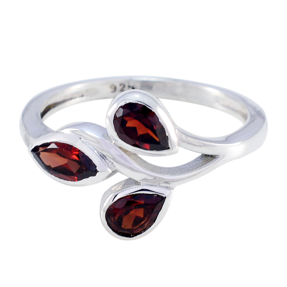 Putri red gemstone trilogy ring with three deep red faceted stones set in silver band