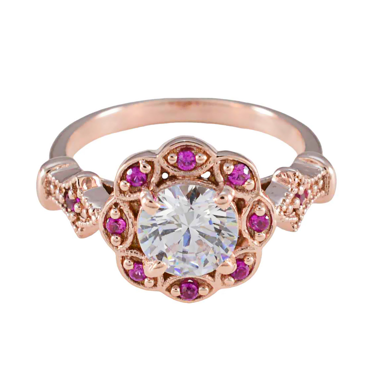 Bianca Red Halo Engagement Ring with Rose Gold Design Ruby CZ Red