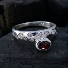 Kristine red halo ring for women sterling silver with bezel set garnet and pave diamond accents