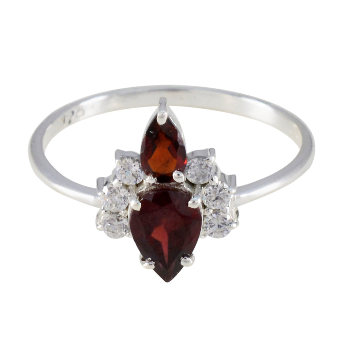 Isabelle red toi et moi ring pear shaped red gemstones with halo of round clear stones on silver band