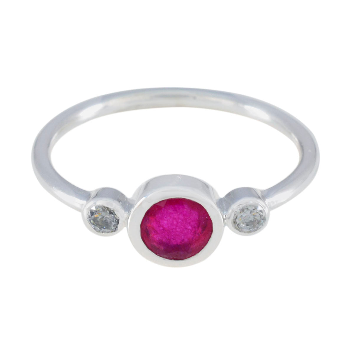 Kristine silver red trilogy gemstone ring with a central red stone and two small clear stones