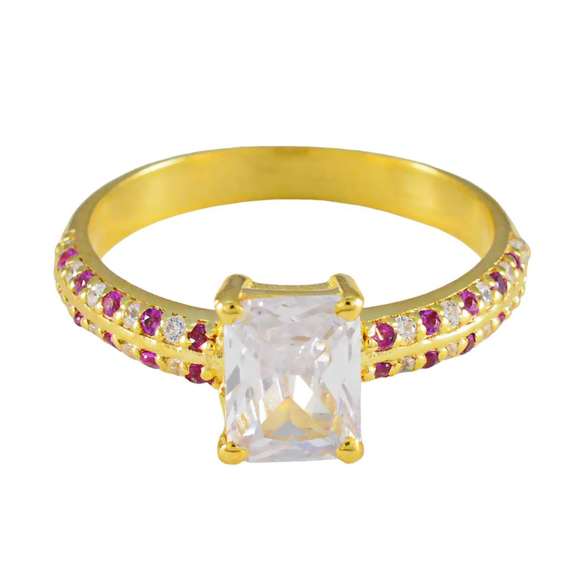 Camila gold ring with romantic red gemstone ring accents and a large clear rectangular center stone