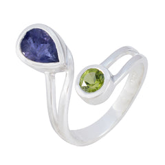 Ida toi et moi gemstone ring sterling silver open band with pear purple stone and round green peridot