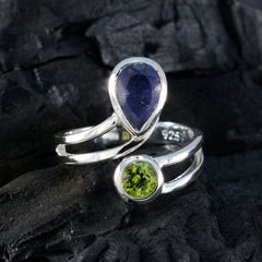Ida sterling silver toi et moi gemstone ring with pear shaped purple gemstone and round peridot on split band