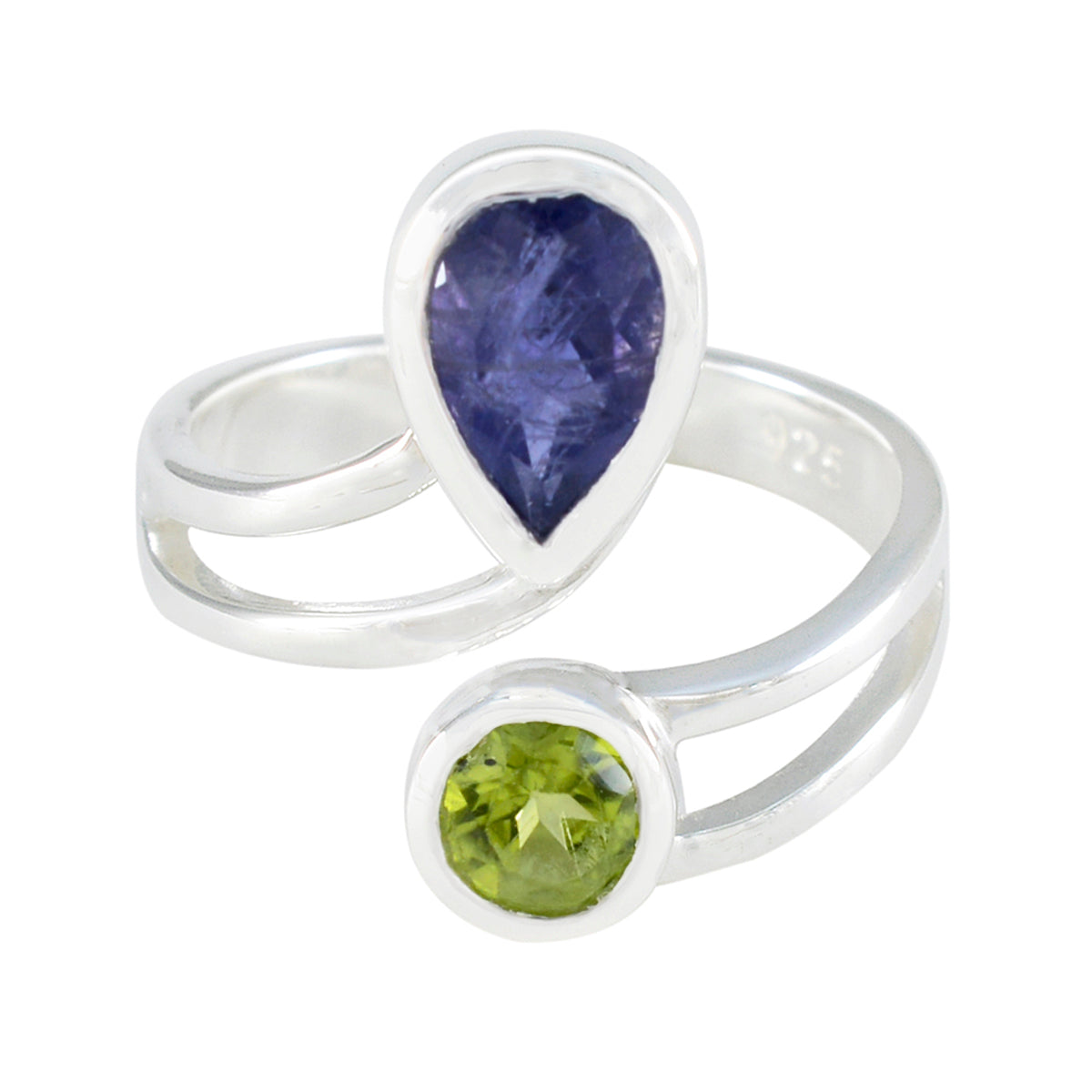 Ida sterling silver toi et moi gemstone ring with pear purple and round green gemstones open band