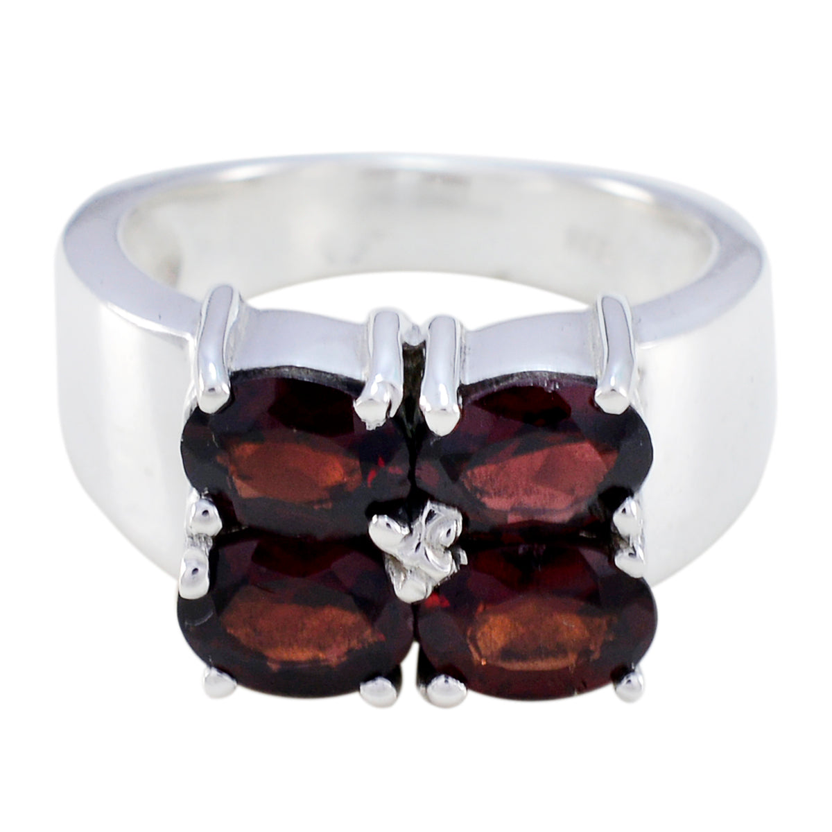 Harper trendy red gemstone ring with four deep red stones set in silver band