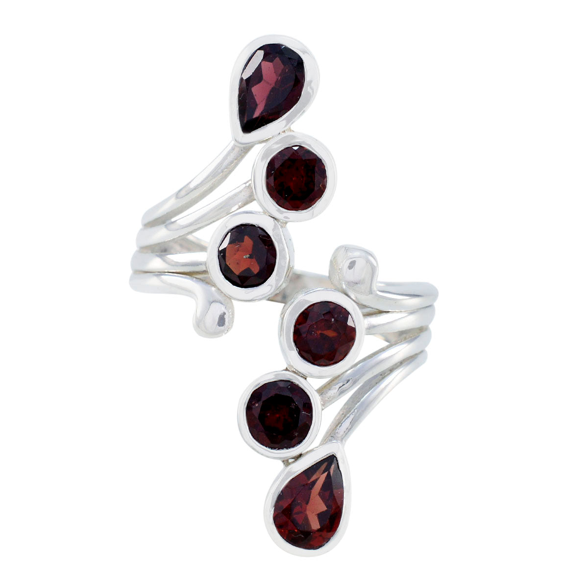 Yasmin trendy red gemstone ring featuring multiple pear and round red gemstones set in silver