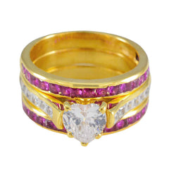 Isadora gold heart ring with channel set clear crystals and side rubies trendy red gemstone ring