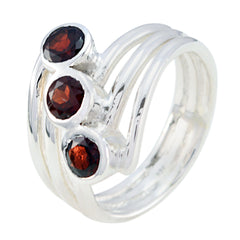Greta sterling silver split band ring with three deep red stones trendy red gemstone trilogy ring