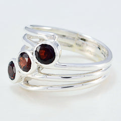 Greta sterling silver ring with three deep red gemstones and stacked bands trendy red gemstone trilogy ring
