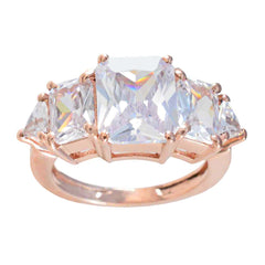 Rina rose gold ring with large square center stone and two side stones trendy white gemstone ring