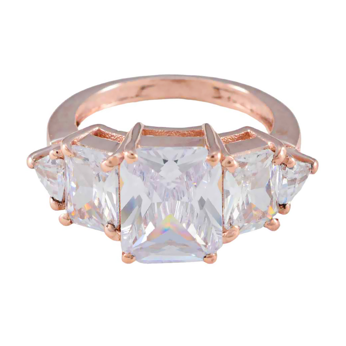 Rina rose gold five stone ring with large rectangular center and tapered side stones trendy white gemstone ring