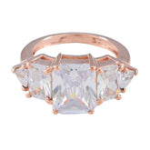Rina rose gold five stone ring with large rectangular center and tapered side stones trendy white gemstone ring
