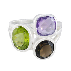 Daniela silver trilogy ring for women with amethyst peridot and smoky quartz three stone design