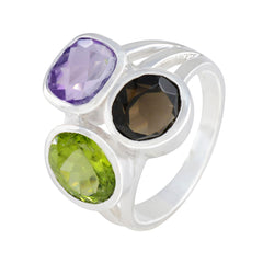 Daniela sterling silver trilogy ring for women featuring amethyst peridot and smoky quartz three stone design