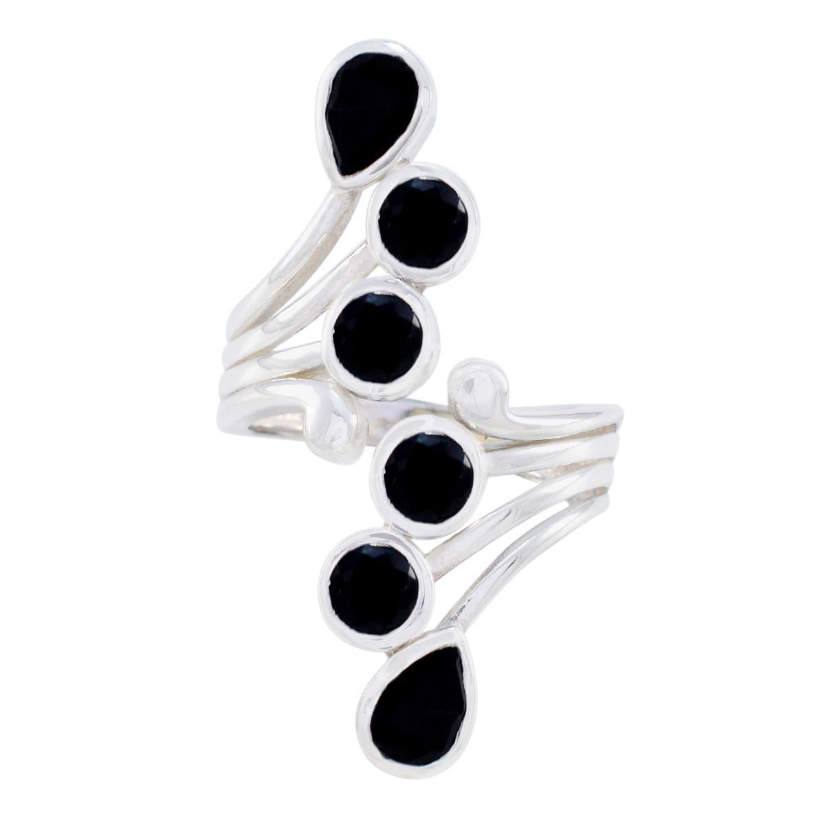 Violet black gemstone ring with multiple black stones set in silver band design