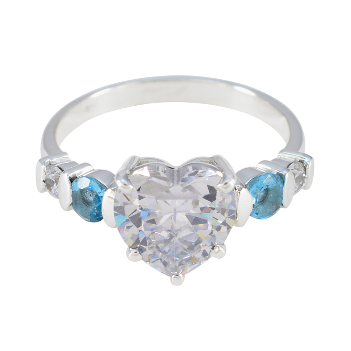 Nova silver band ring with white gemstone heart ring center and blue side stones with clear accent stones for romantic gifting