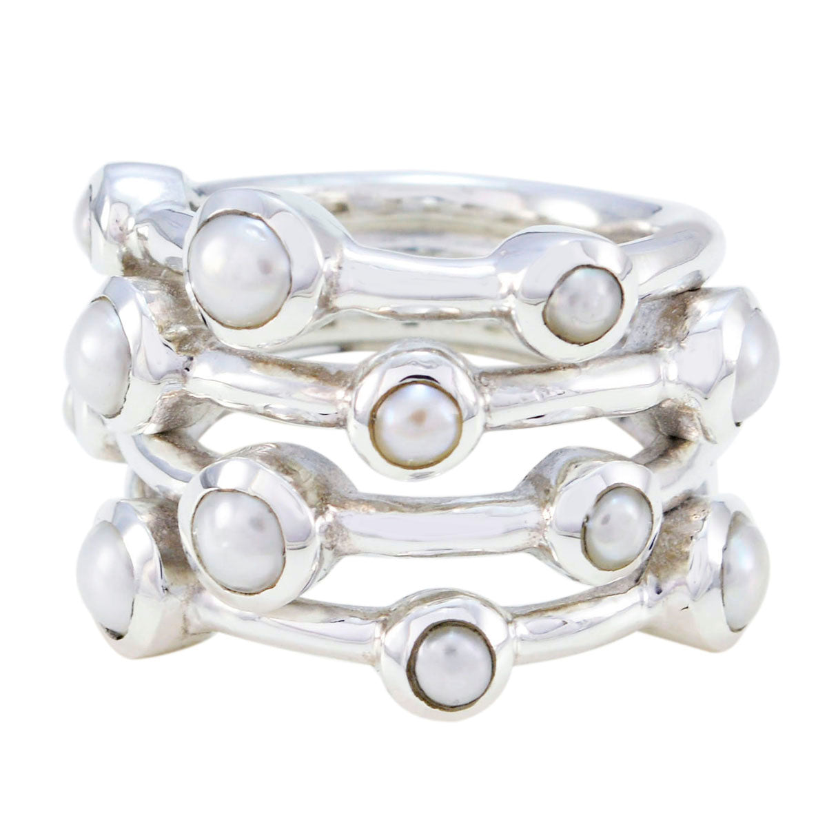 Ivy white gemstone stacked rings with silver bands featuring round white gemstones