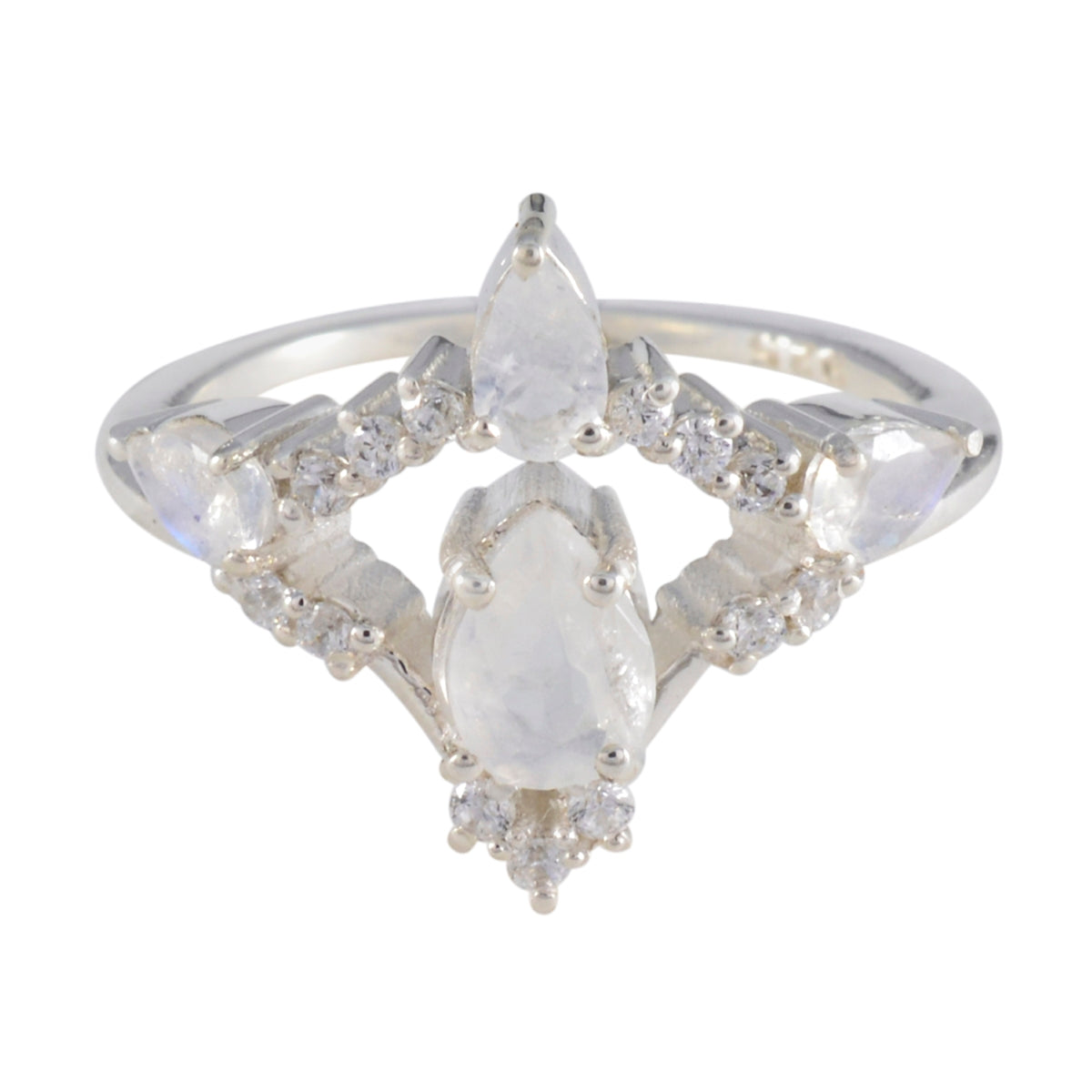 Carla White Halo Ring with Pear-Shaped Gemstones Rainbow Moonstone White