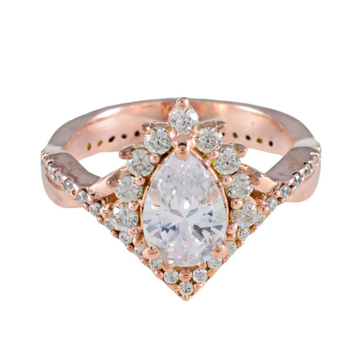 Isadora Rose Gold White Halo Wedding Ring with Pear Gem White CZ White