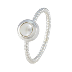 Siti white solitaire ring for women twisted silver band with bezel set pearl cabochon