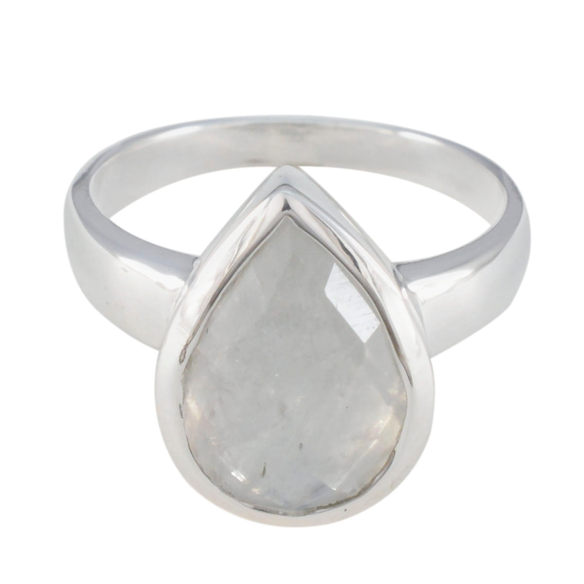 Laura White Solitaire Ring for Women with Teardrop Gemstone Rainbow Moonstone White